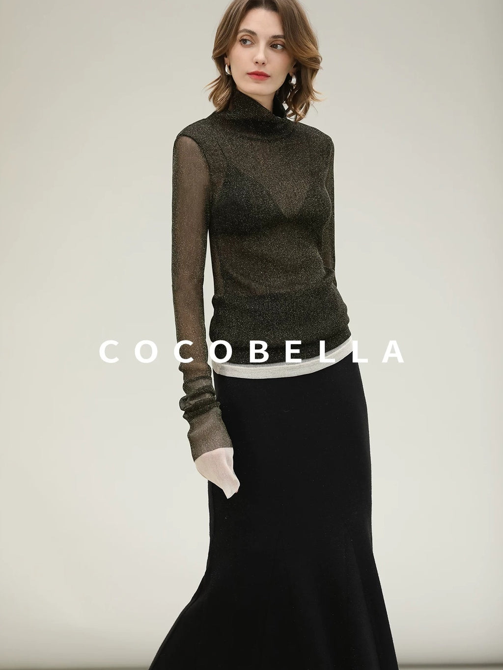 COCOBELLA Soft Lurex Faux Two Piece Spliced Slim Fit High Neck Women Long Sleeve T-Shirts