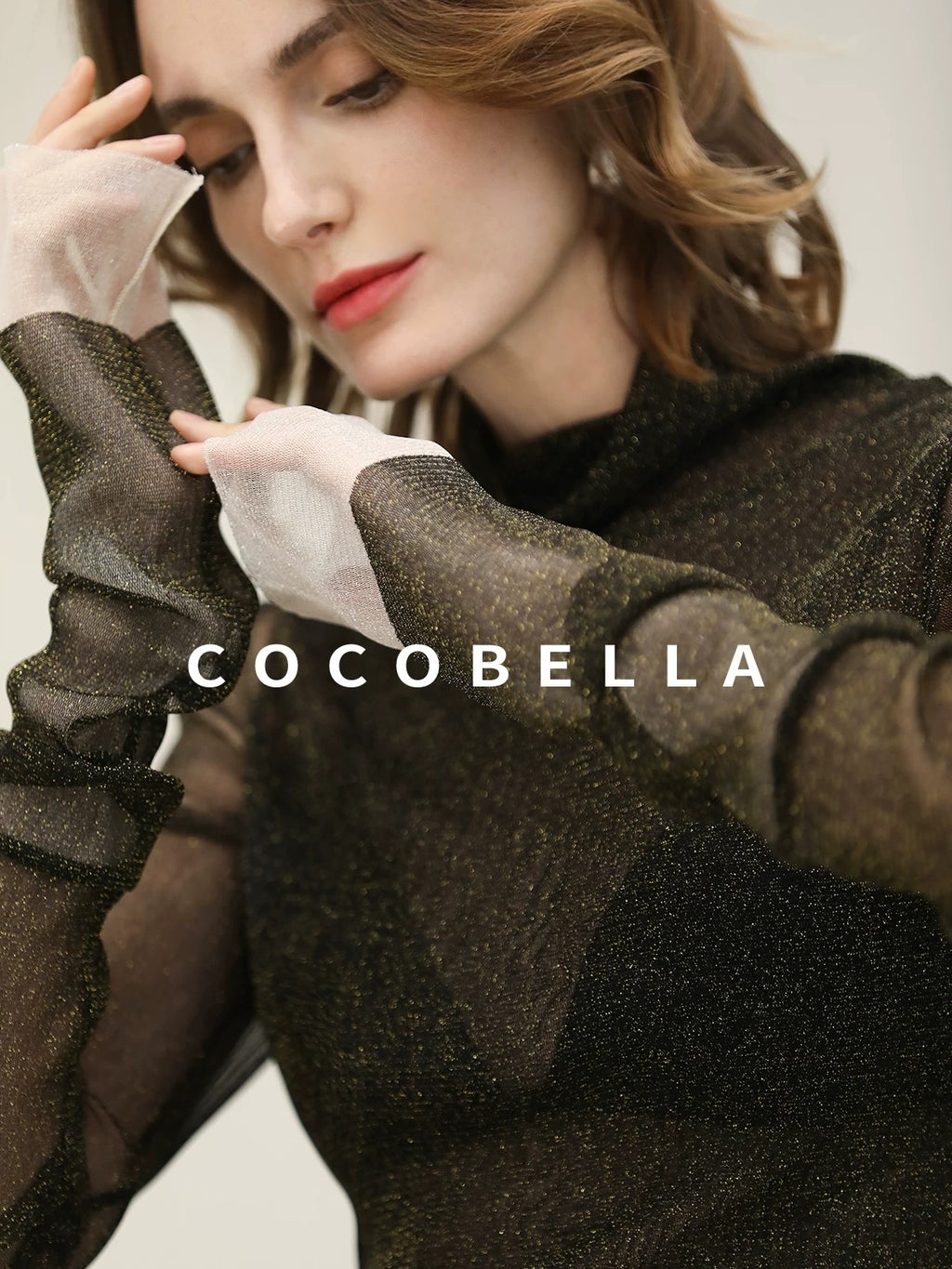 COCOBELLA Soft Lurex Faux Two Piece Spliced Slim Fit High Neck Women Long Sleeve T-Shirts