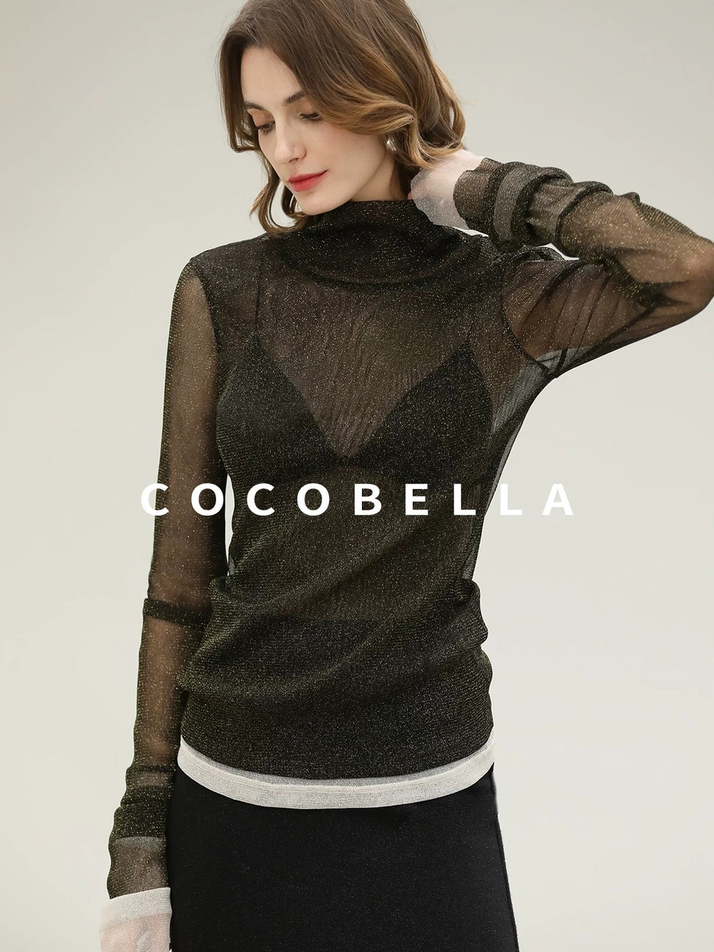 COCOBELLA Soft Lurex Faux Two Piece Spliced Slim Fit High Neck Women Long Sleeve T-Shirts