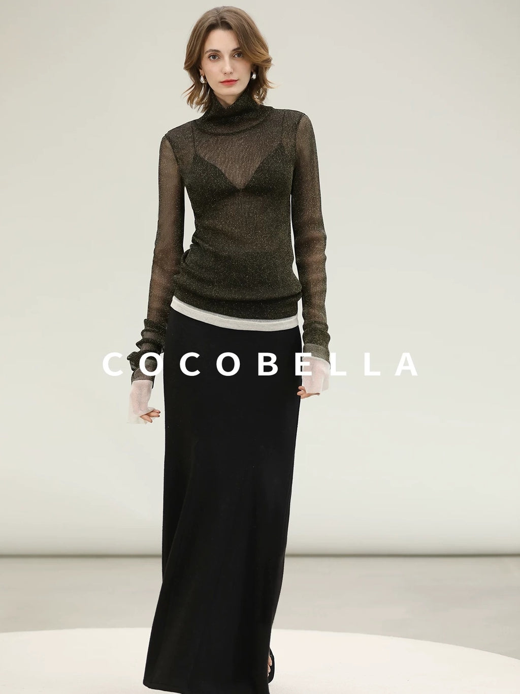 COCOBELLA Soft Lurex Faux Two Piece Spliced Slim Fit High Neck Women Long Sleeve T-Shirts