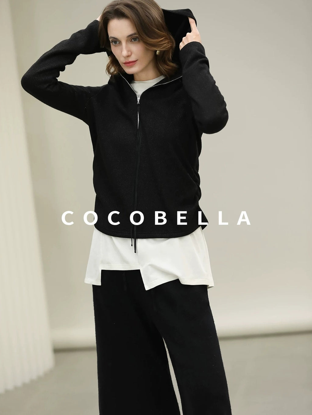 COCOBELLA Soft Lurex Hooded Straight Fit Casual Women Zip Knit Sweater