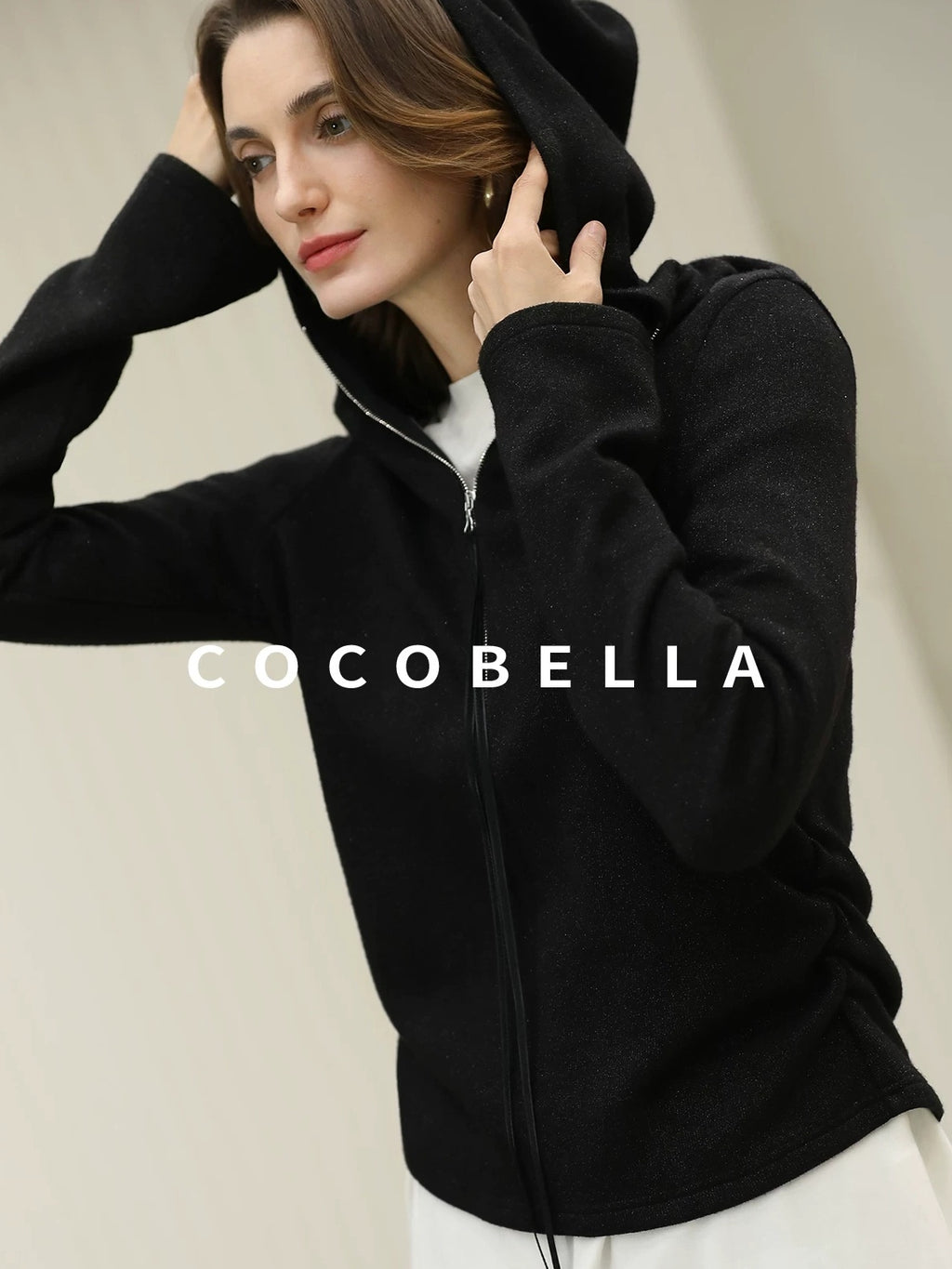 COCOBELLA Soft Lurex Hooded Straight Fit Casual Women Zip Knit Sweater