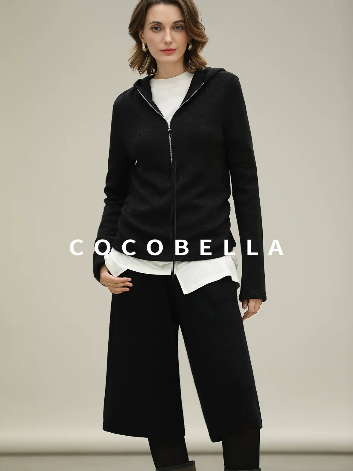 COCOBELLA Soft Lurex Hooded Straight Fit Casual Women Zip Knit Sweater