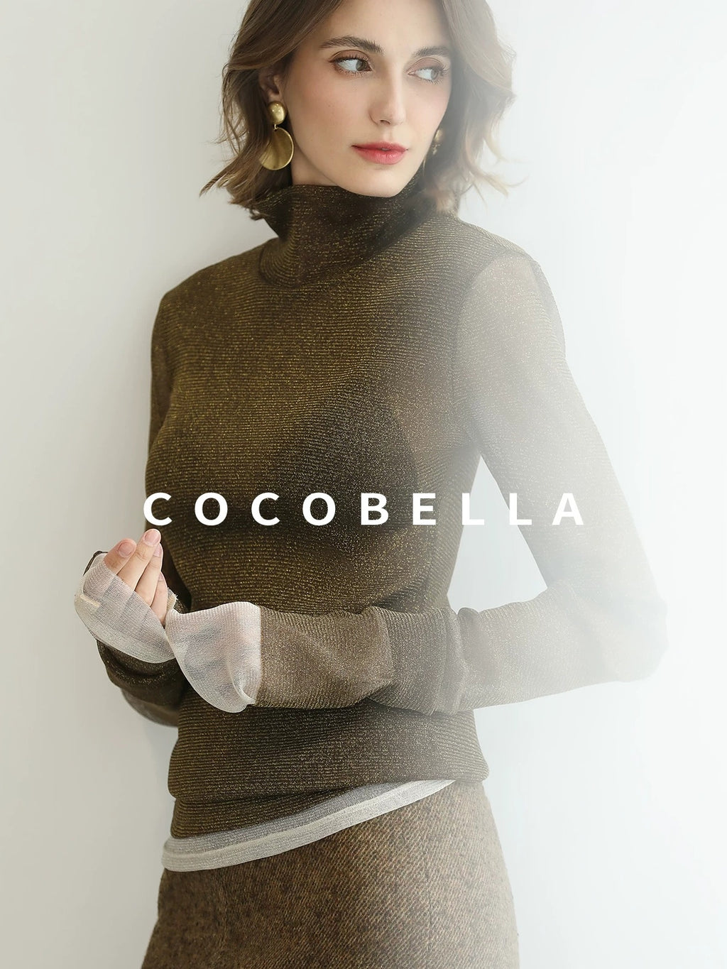 COCOBELLA Soft Lurex Patchwork Minimalist Slim Fit High Neck Long Sleeve Women T-Shirts