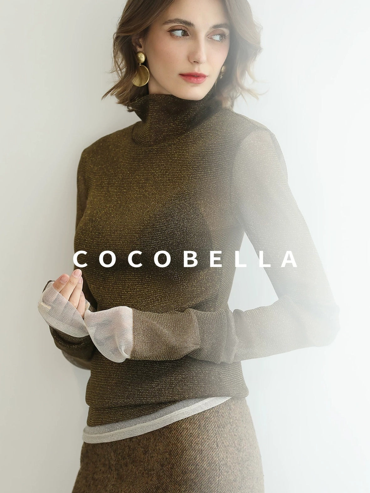 COCOBELLA Soft Lurex Patchwork Minimalist Slim Fit High Neck Long Sleeve Women T-Shirts