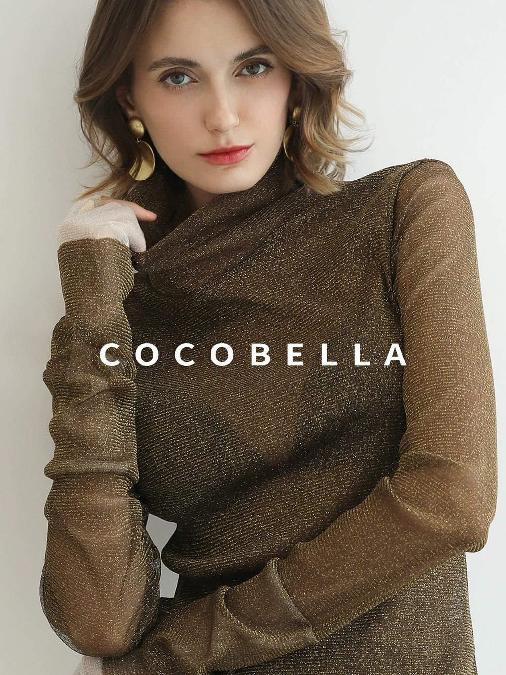 COCOBELLA Soft Lurex Patchwork Minimalist Slim Fit High Neck Long Sleeve Women T-Shirts