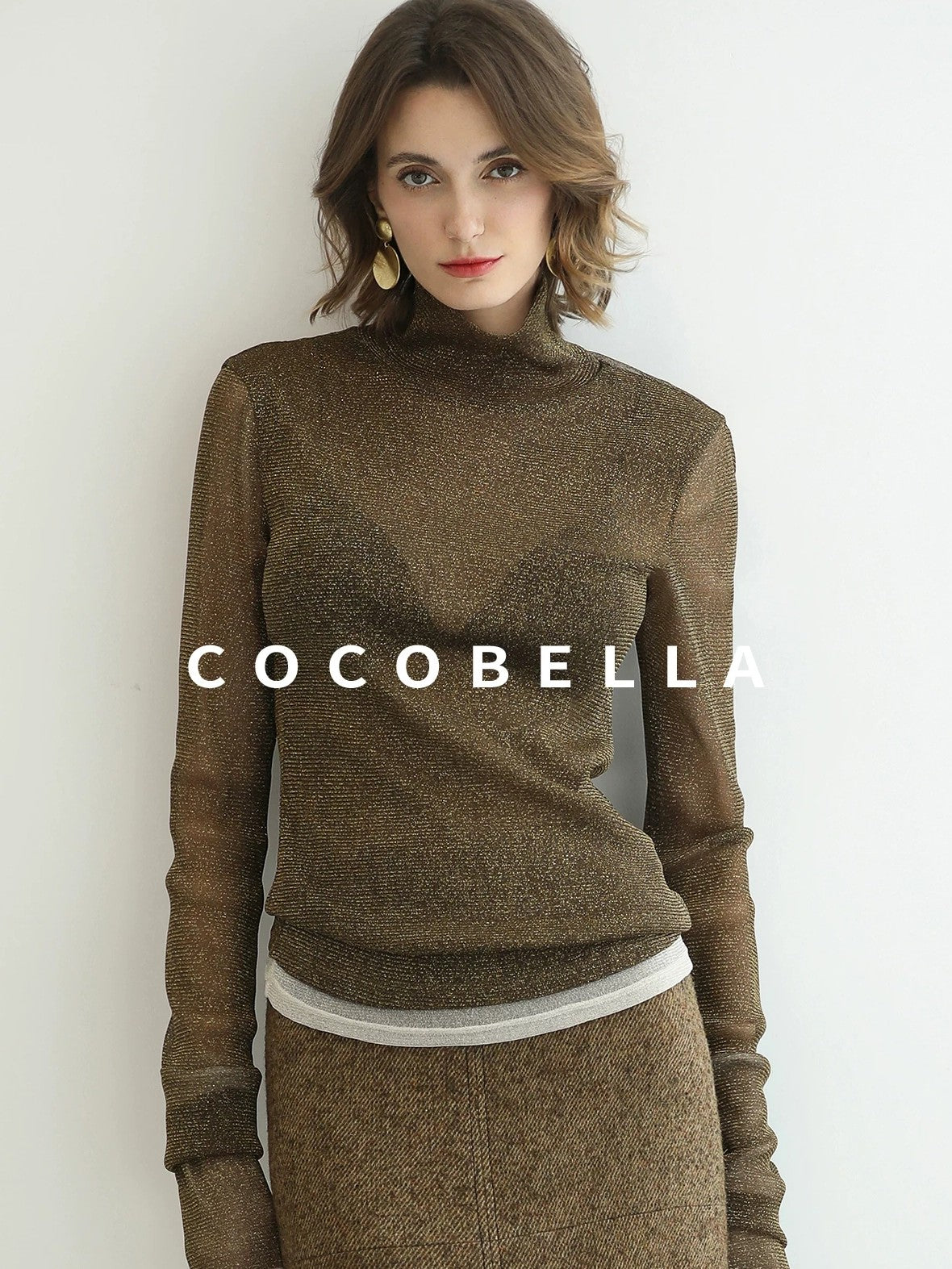 COCOBELLA Soft Lurex Patchwork Minimalist Slim Fit High Neck Long Sleeve Women T-Shirts