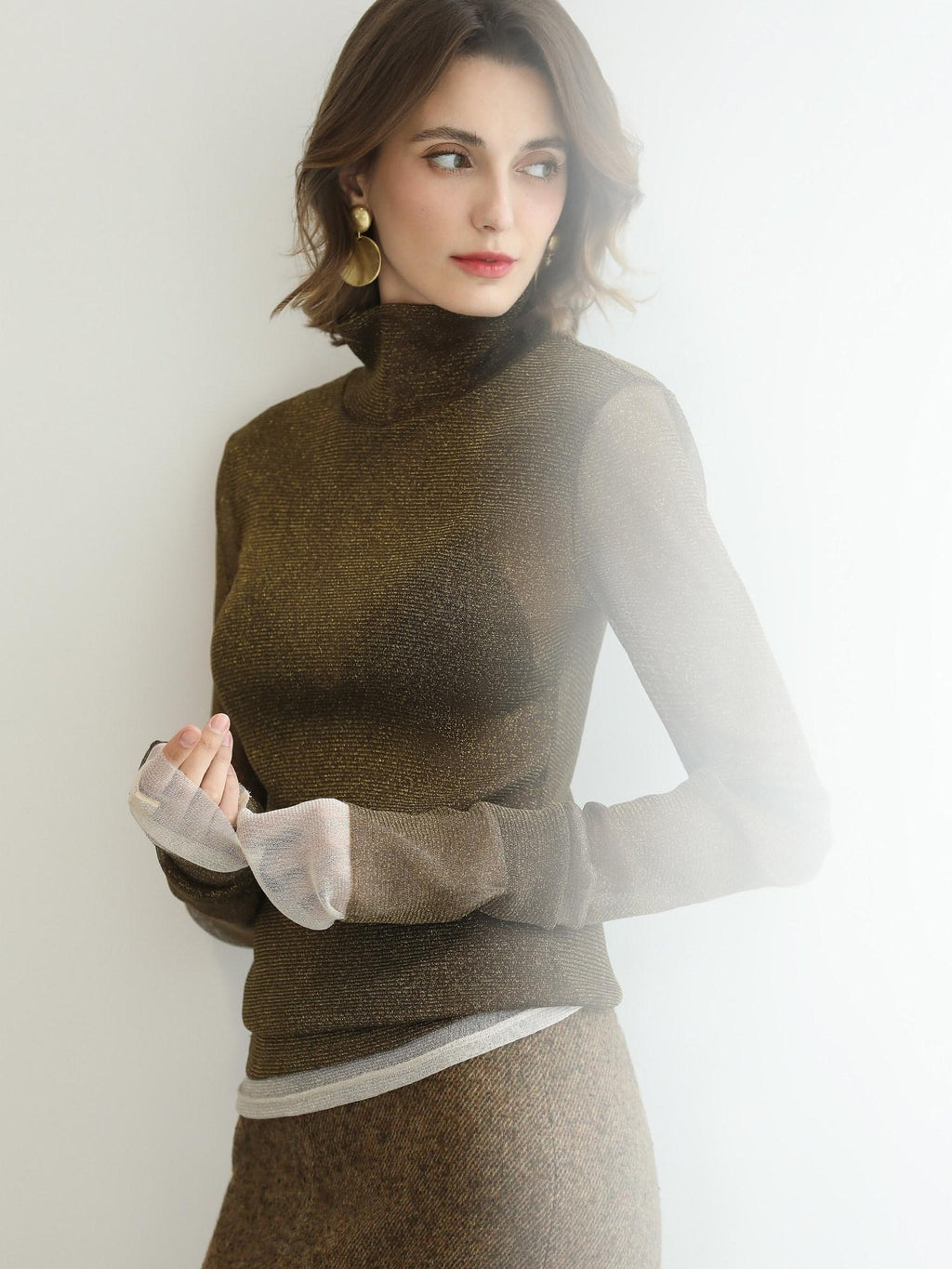 COCOBELLA Soft Lurex Patchwork Minimalist Slim Fit High Neck Long Sleeve Women T-Shirts