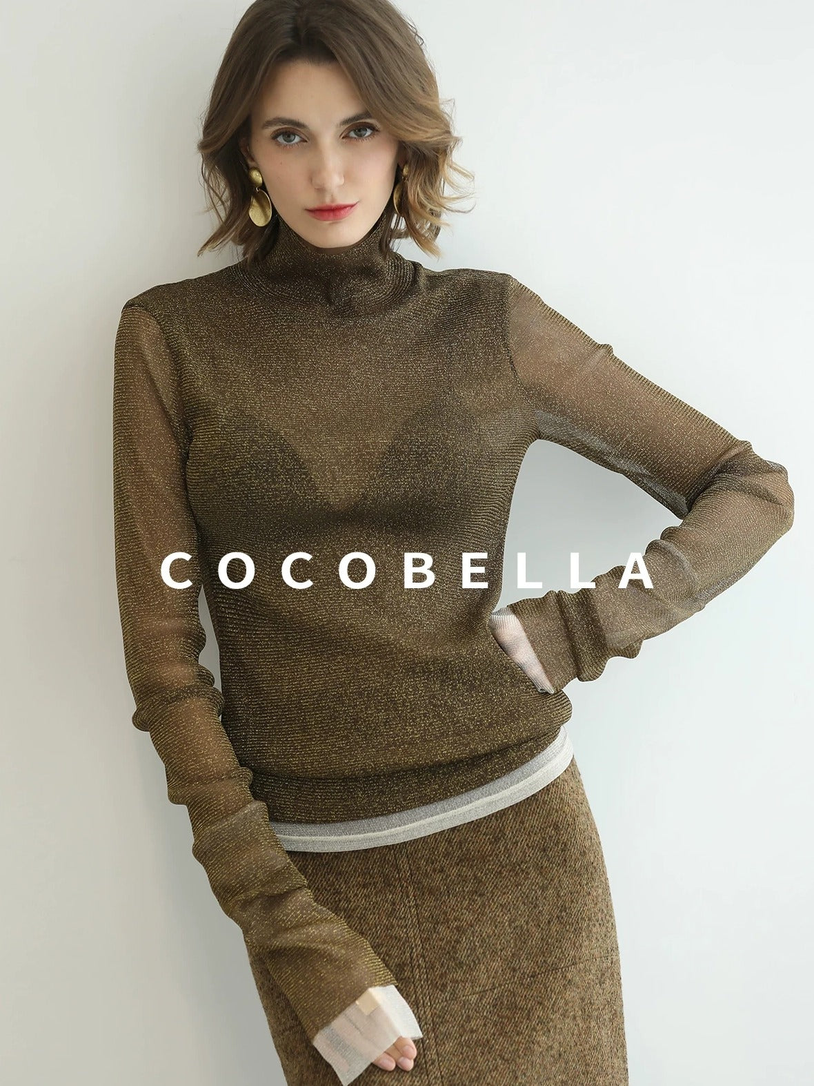 COCOBELLA Soft Lurex Patchwork Minimalist Slim Fit High Neck Long Sleeve Women T-Shirts