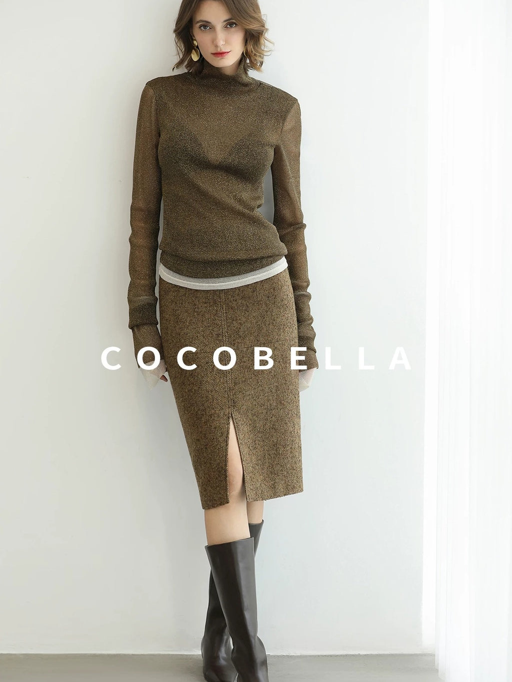 COCOBELLA Soft Lurex Patchwork Minimalist Slim Fit High Neck Long Sleeve Women T-Shirts