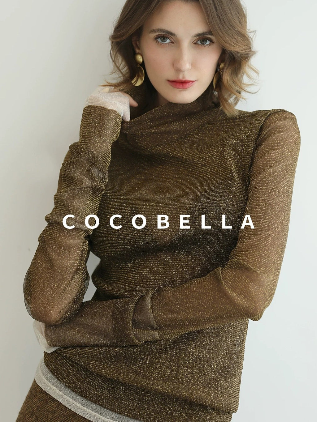 COCOBELLA Soft Lurex Patchwork Minimalist Slim Fit High Neck Long Sleeve Women T-Shirts