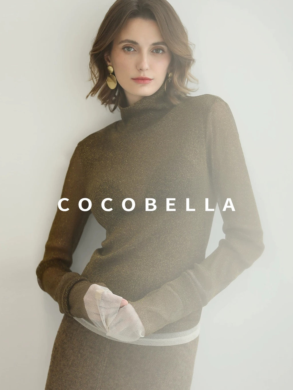 COCOBELLA Soft Lurex Patchwork Minimalist Slim Fit High Neck Long Sleeve Women T-Shirts