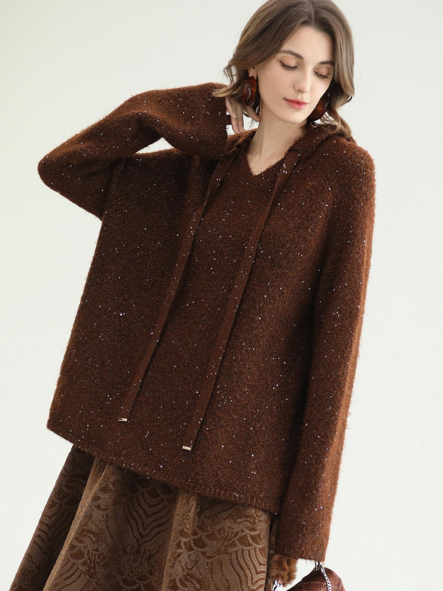 COCOBELLA Soft Lurex Sequin Detail Loose Fit Hooded Knit Commuter Women Hoodie Sweater