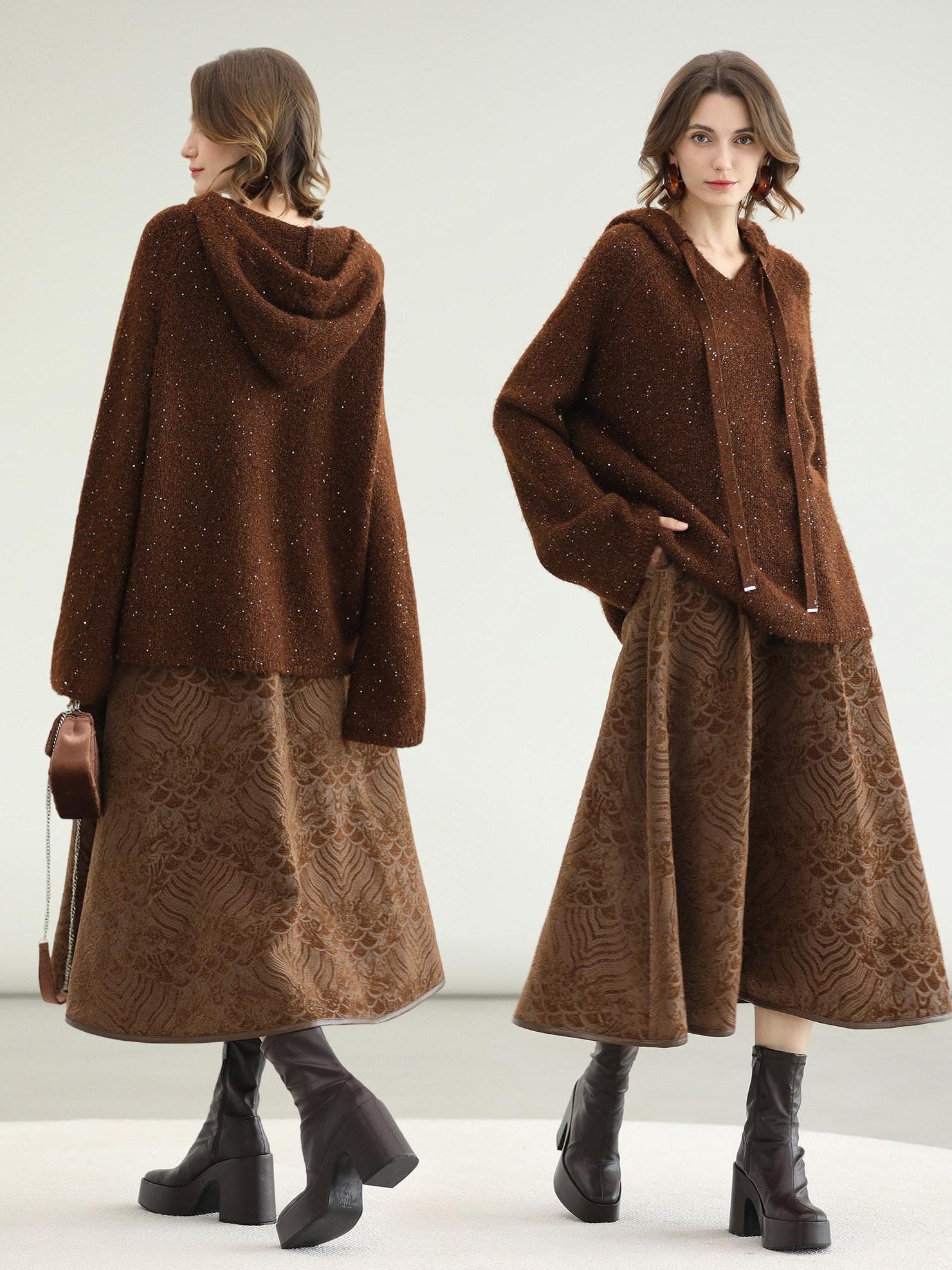 COCOBELLA Soft Lurex Sequin Detail Loose Fit Hooded Knit Commuter Women Hoodie Sweater