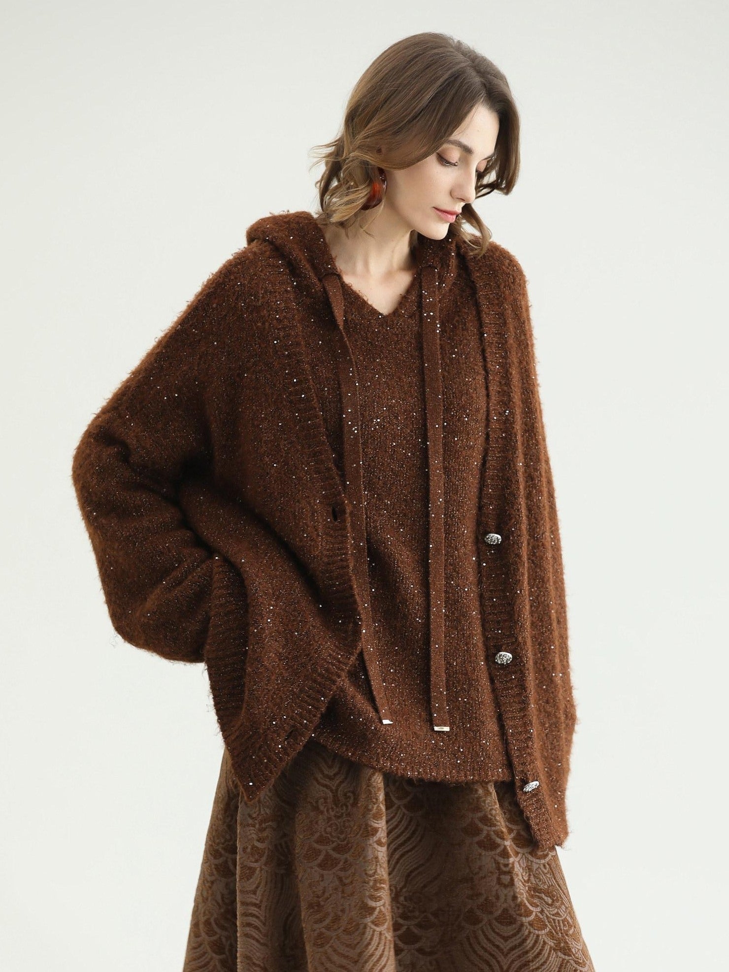 COCOBELLA Soft Lurex Sequin Detail Loose Fit Hooded Knit Commuter Women Hoodie Sweater