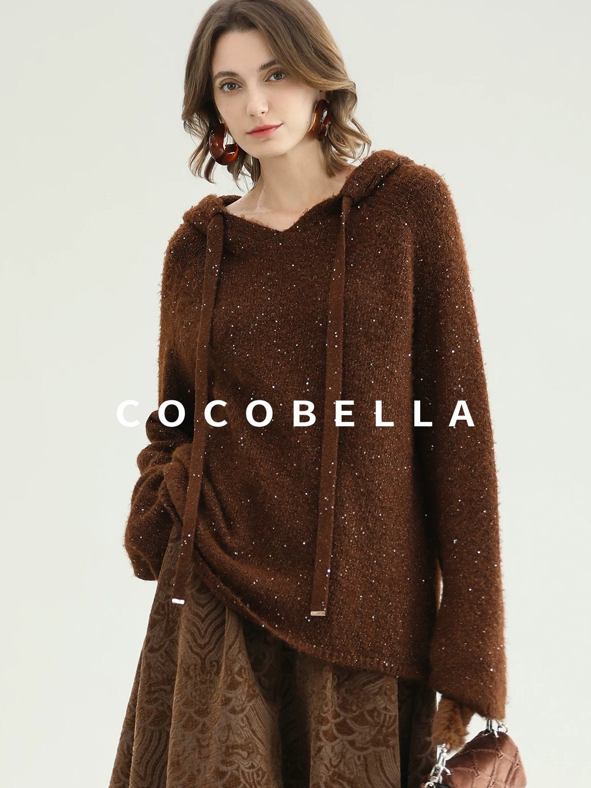 COCOBELLA Soft Lurex Sequin Detail Loose Fit Hooded Knit Commuter Women Hoodie Sweater