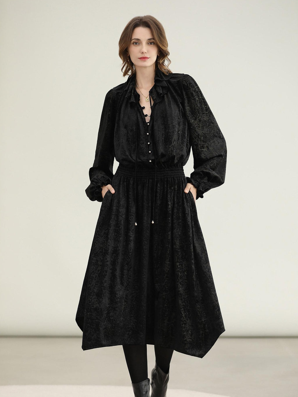 COCOBELLA Soft Metallic Ruched Vintage V Neck Tie Lace Pocket Elastic Waist City Dresses