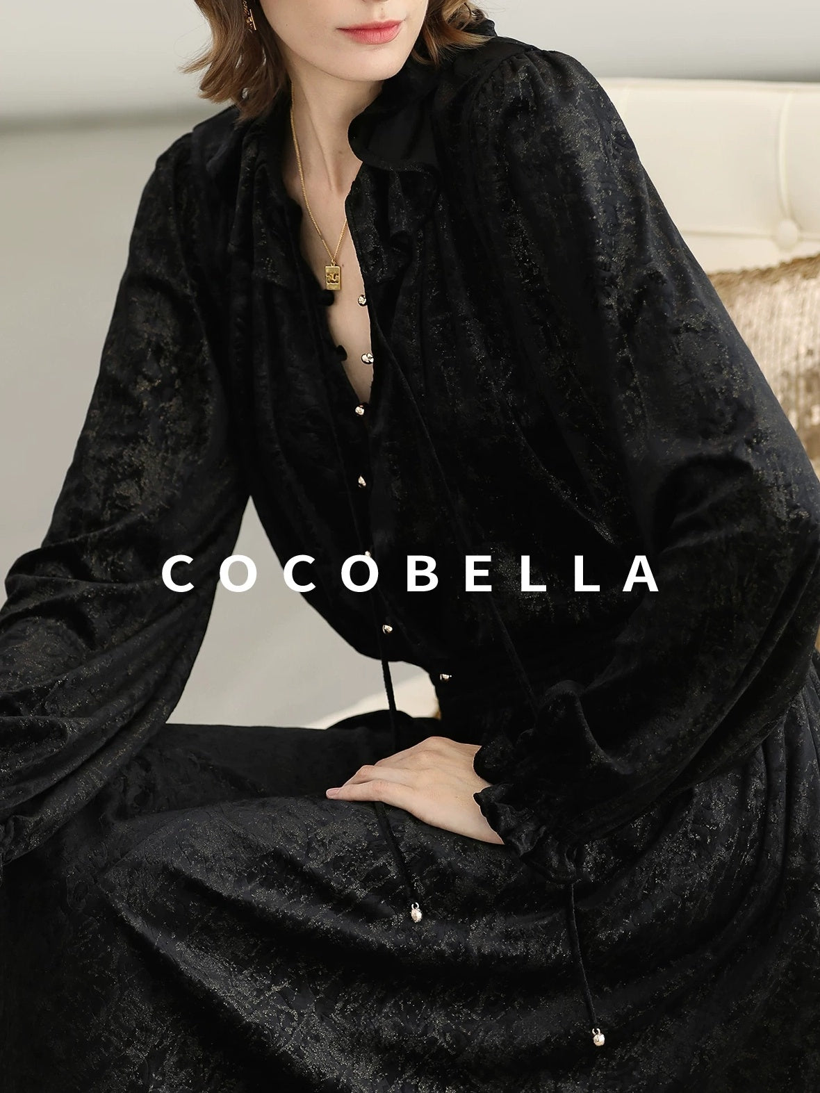 COCOBELLA Soft Metallic Ruched Vintage V Neck Tie Lace Pocket Elastic Waist City Dresses