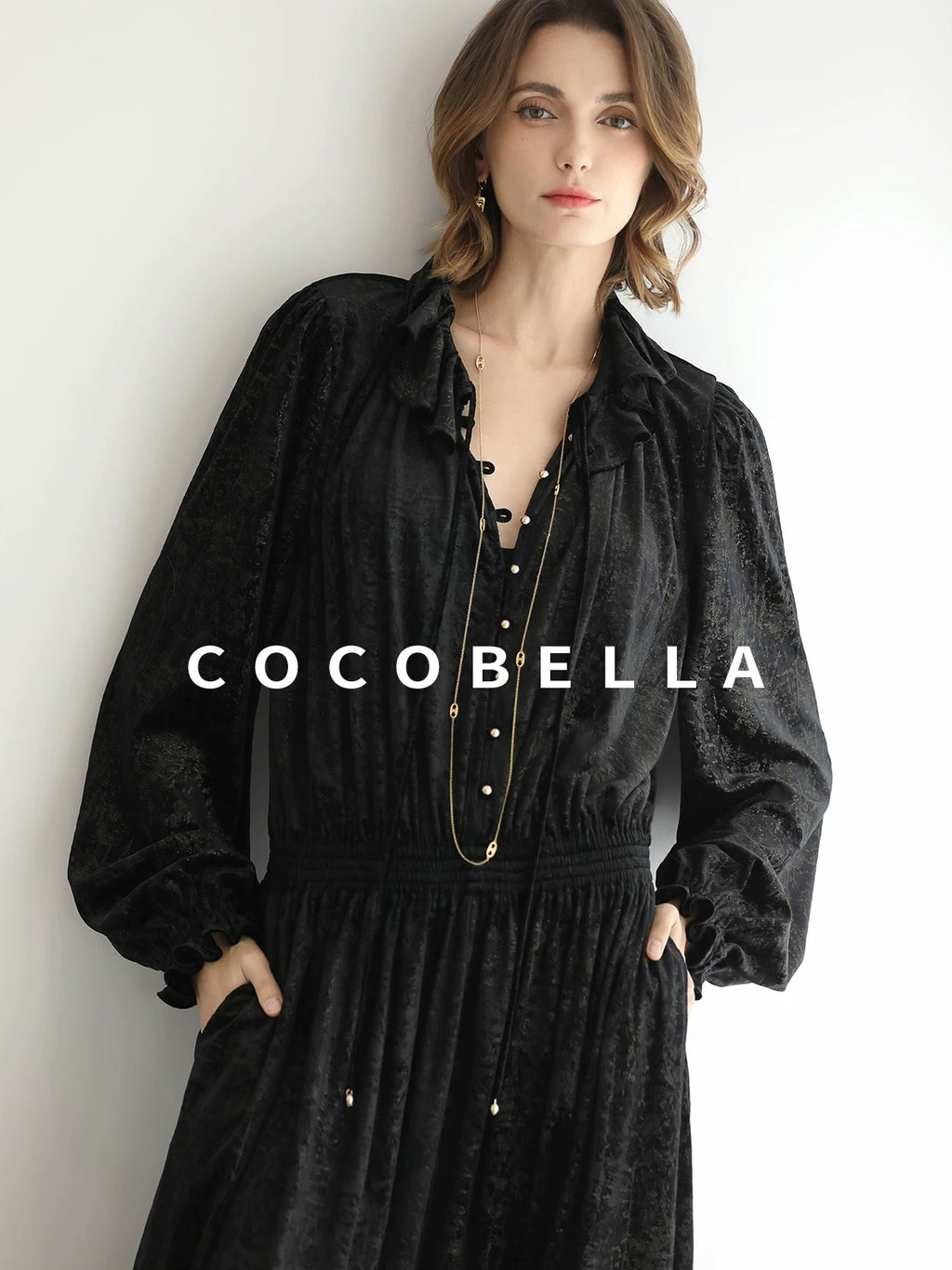 COCOBELLA Soft Metallic Ruched Vintage V Neck Tie Lace Pocket Elastic Waist City Dresses