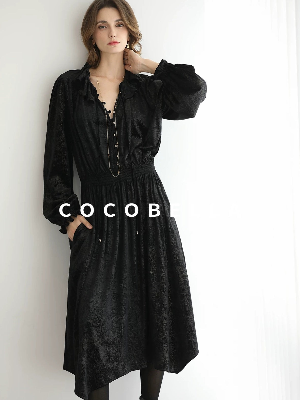 COCOBELLA Soft Metallic Ruched Vintage V Neck Tie Lace Pocket Elastic Waist City Dresses