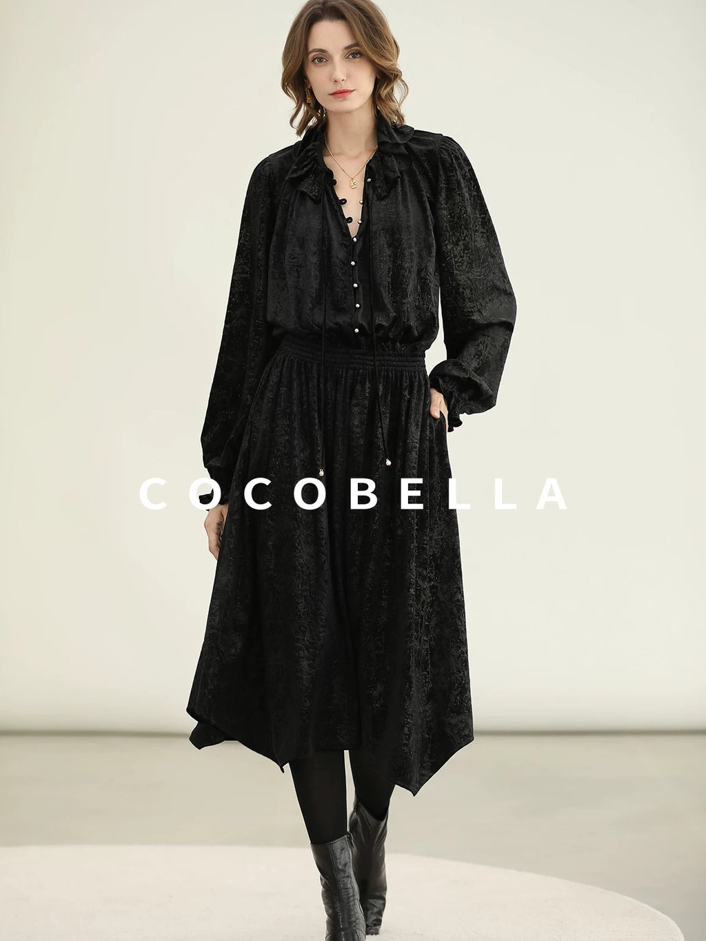 COCOBELLA Soft Metallic Ruched Vintage V Neck Tie Lace Pocket Elastic Waist City Dresses