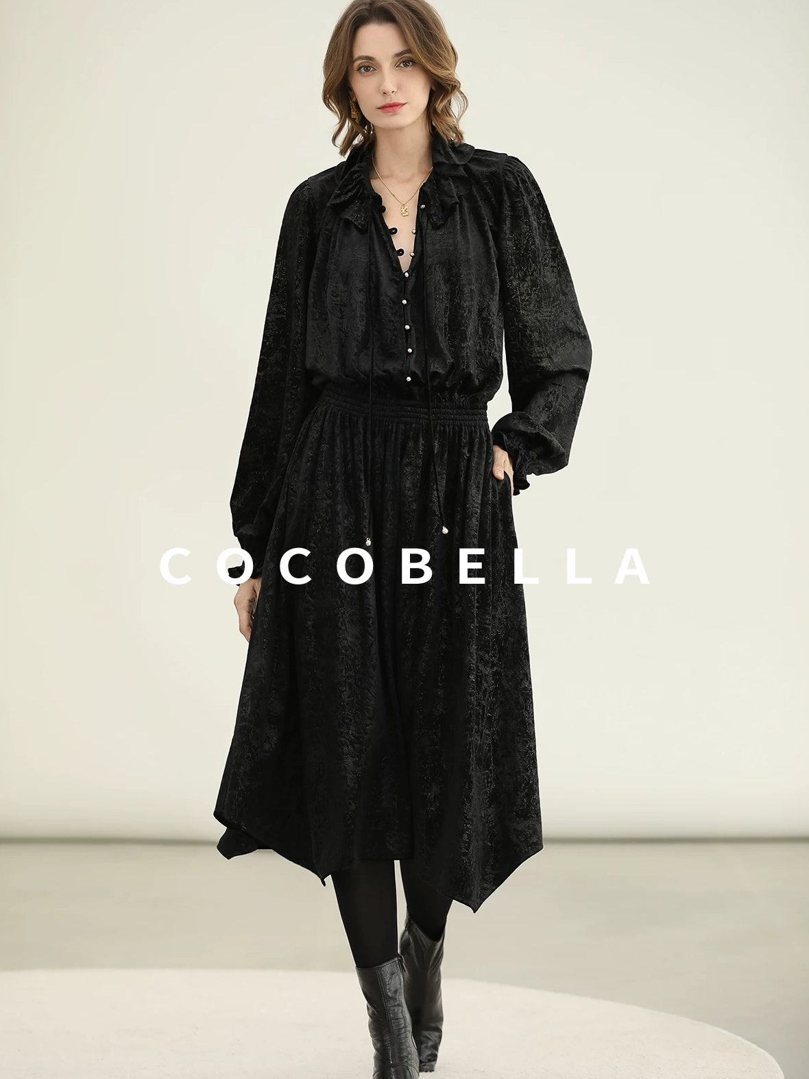 COCOBELLA Soft Metallic Ruched Vintage V Neck Tie Lace Pocket Elastic Waist City Dresses