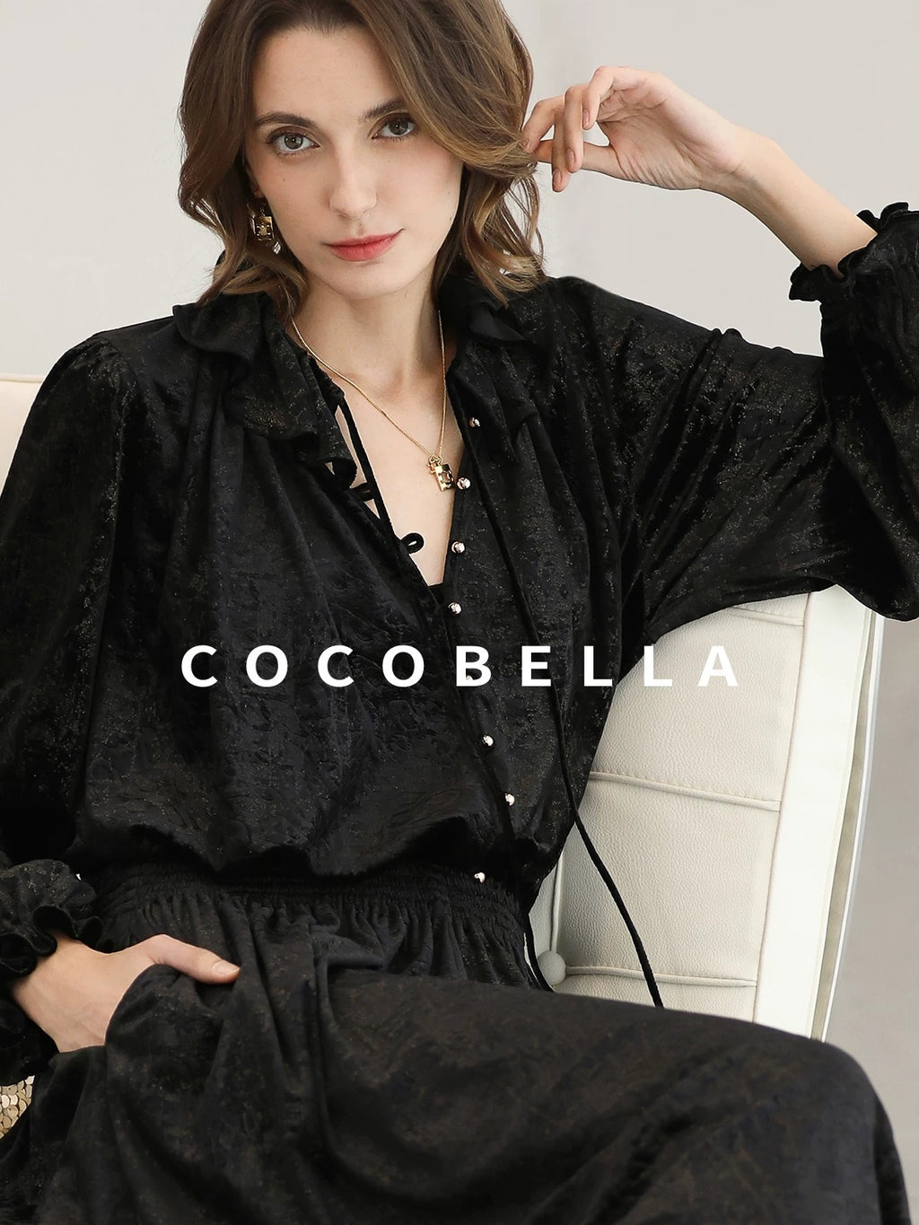 COCOBELLA Soft Metallic Ruched Vintage V Neck Tie Lace Pocket Elastic Waist City Dresses