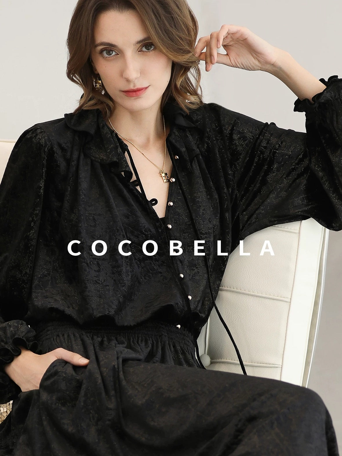 COCOBELLA Soft Metallic Ruched Vintage V Neck Tie Lace Pocket Elastic Waist City Dresses