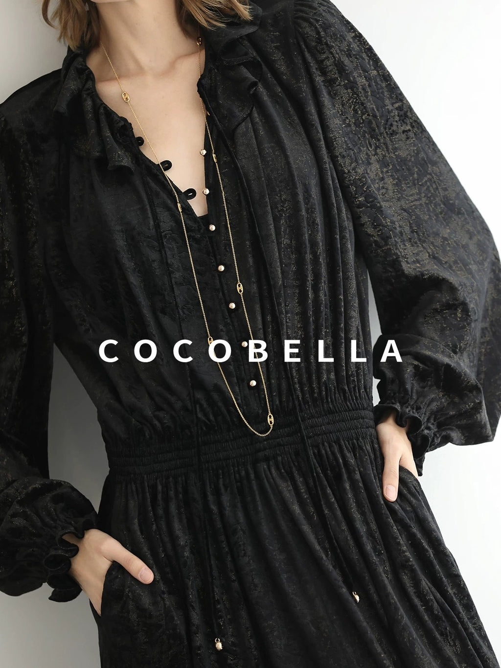 COCOBELLA Soft Metallic Ruched Vintage V Neck Tie Lace Pocket Elastic Waist City Dresses