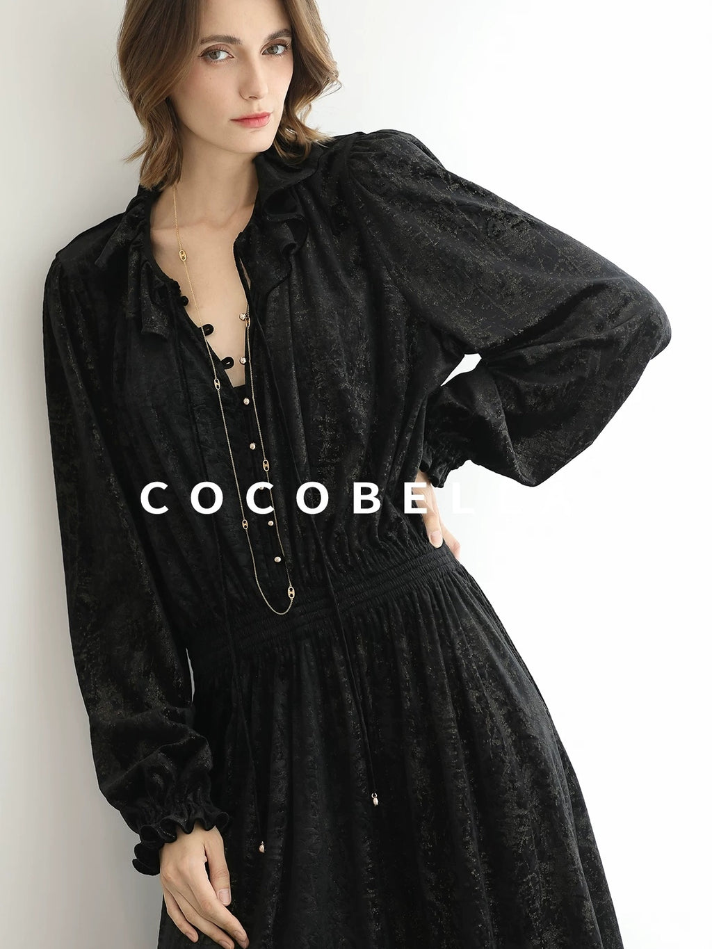 COCOBELLA Soft Metallic Ruched Vintage V Neck Tie Lace Pocket Elastic Waist City Dresses