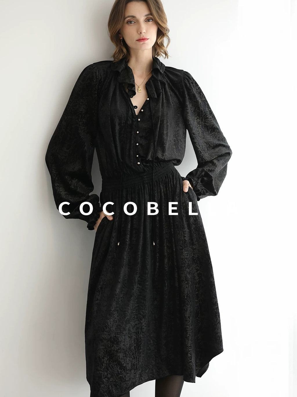 COCOBELLA Soft Metallic Ruched Vintage V Neck Tie Lace Pocket Elastic Waist City Dresses