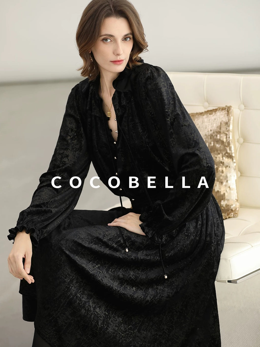 COCOBELLA Soft Metallic Ruched Vintage V Neck Tie Lace Pocket Elastic Waist City Dresses