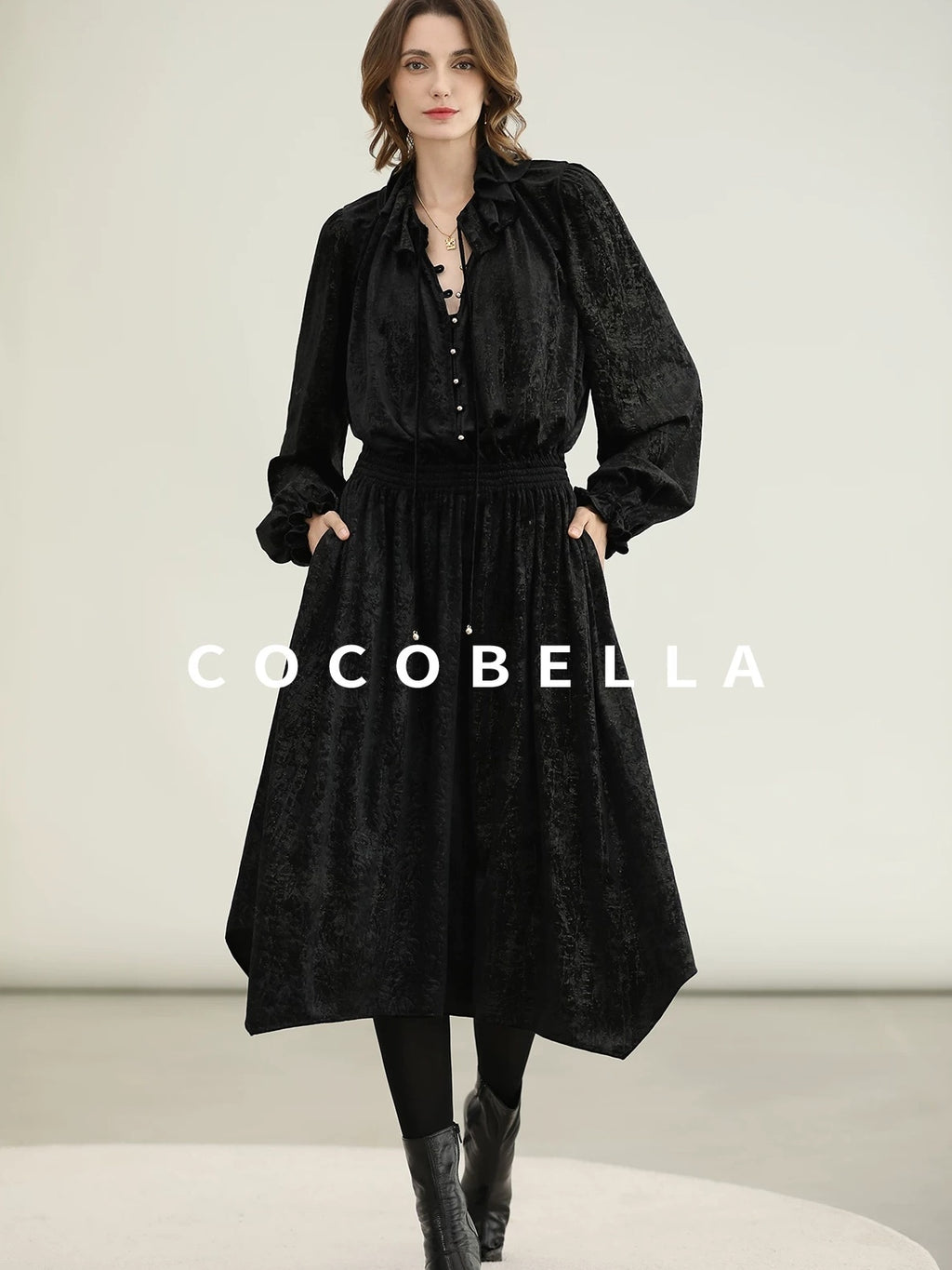 COCOBELLA Soft Metallic Ruched Vintage V Neck Tie Lace Pocket Elastic Waist City Dresses