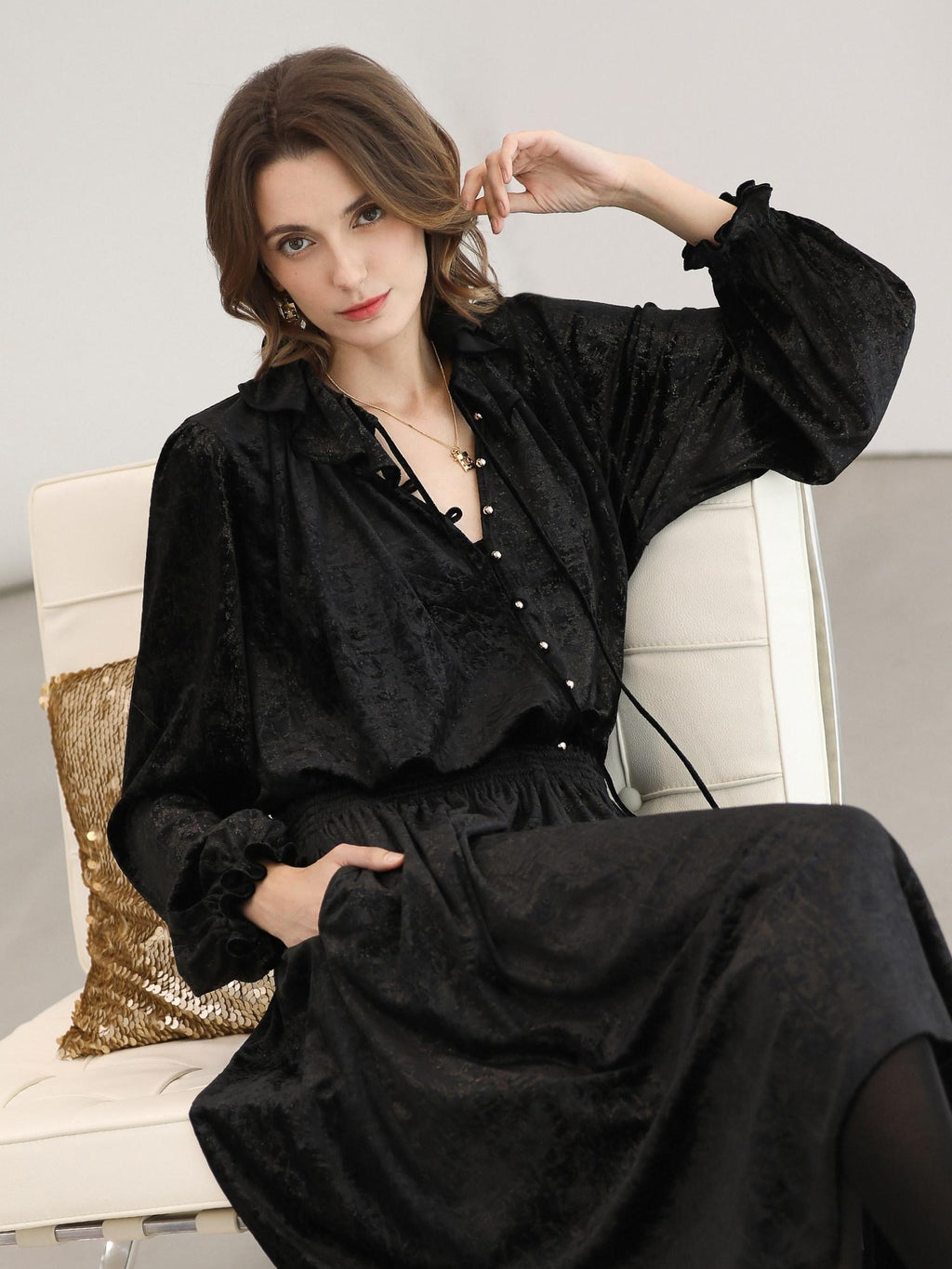 COCOBELLA Soft Metallic Ruched Vintage V Neck Tie Lace Pocket Elastic Waist City Dresses