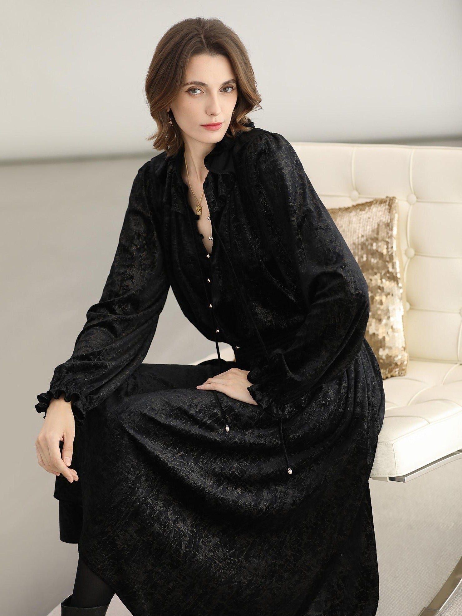 COCOBELLA Soft Metallic Ruched Vintage V Neck Tie Lace Pocket Elastic Waist City Dresses