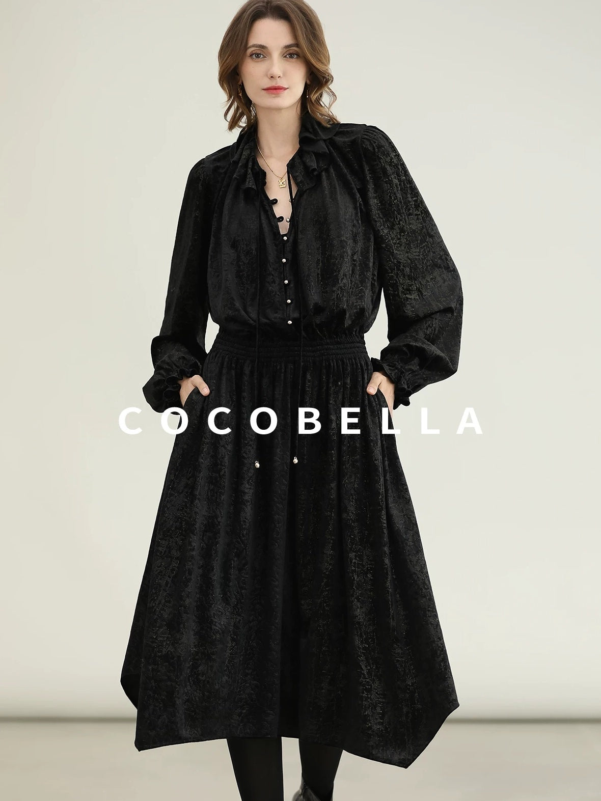 COCOBELLA Soft Metallic Ruched Vintage V Neck Tie Lace Pocket Elastic Waist City Dresses