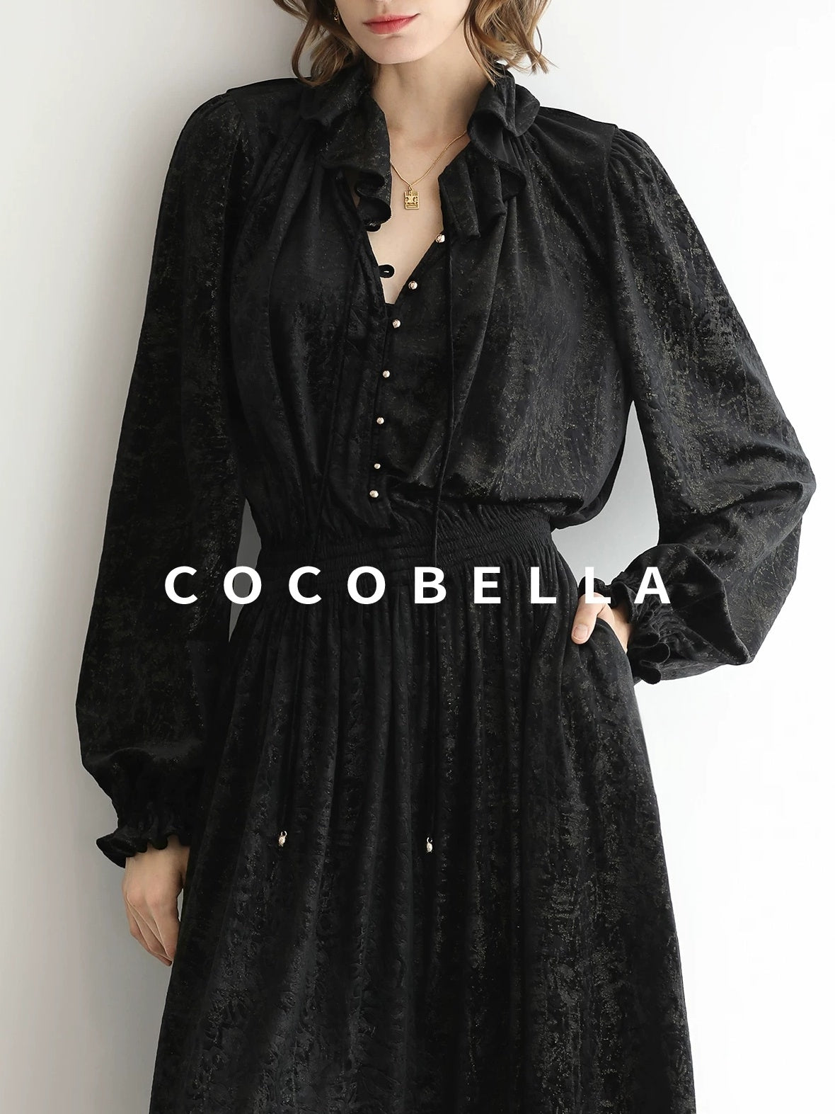 COCOBELLA Soft Metallic Ruched Vintage V Neck Tie Lace Pocket Elastic Waist City Dresses