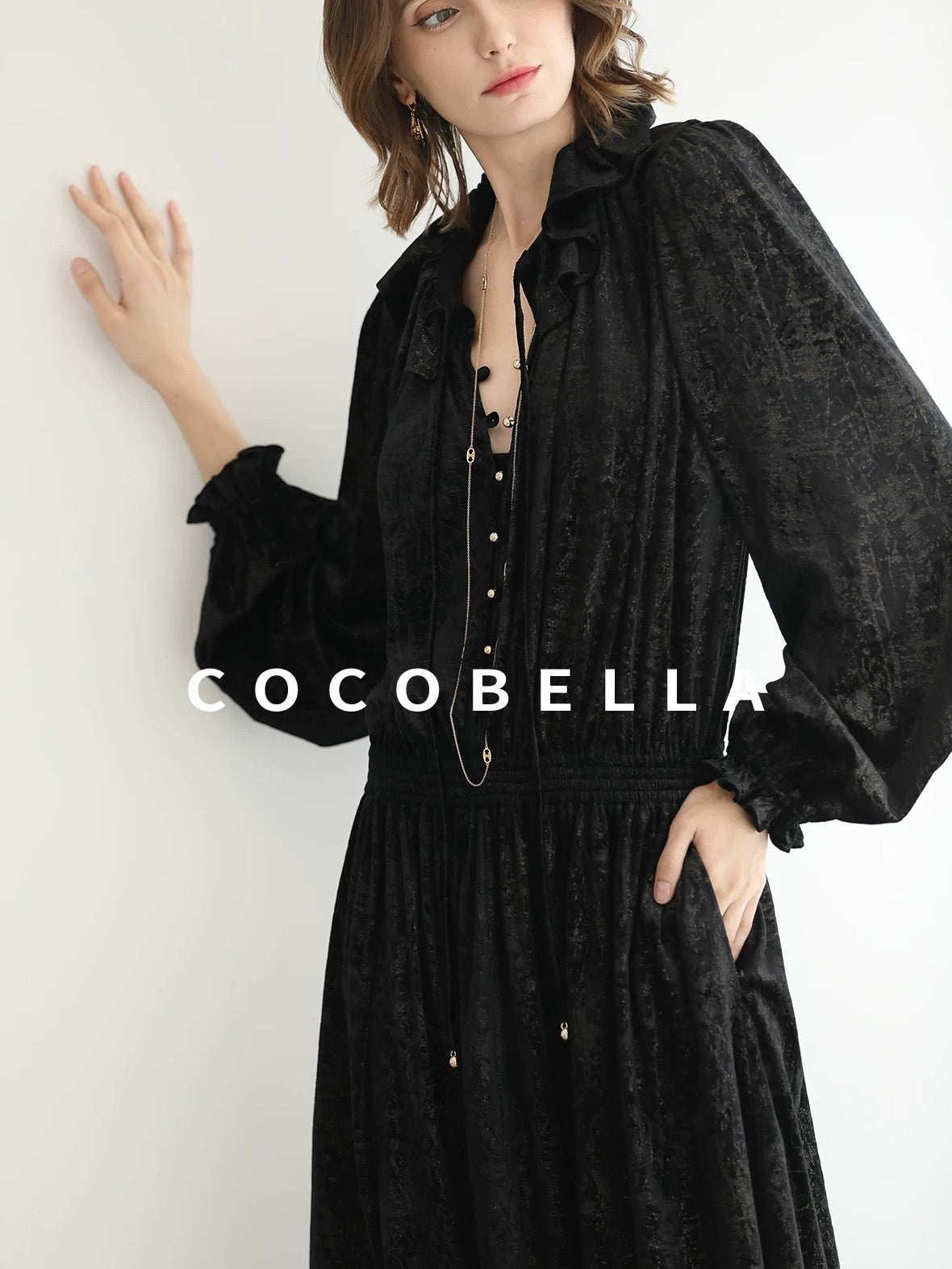 COCOBELLA Soft Metallic Ruched Vintage V Neck Tie Lace Pocket Elastic Waist City Dresses