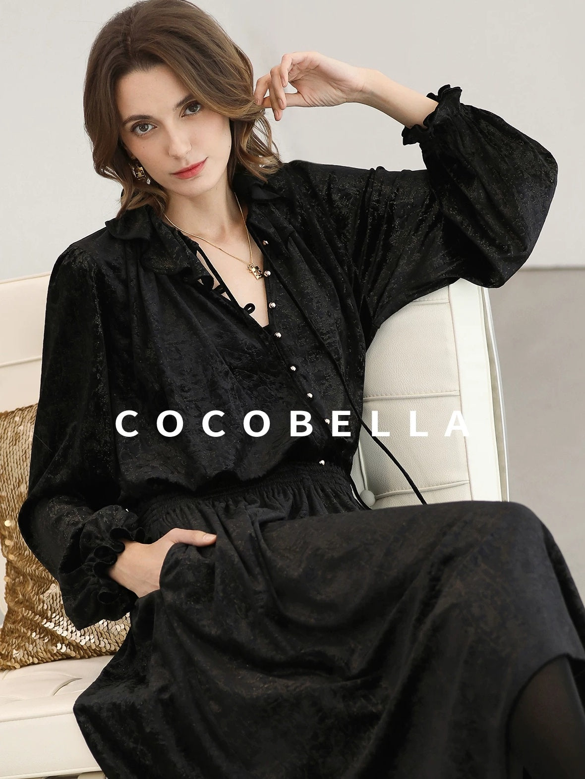 COCOBELLA Soft Metallic Ruched Vintage V Neck Tie Lace Pocket Elastic Waist City Dresses