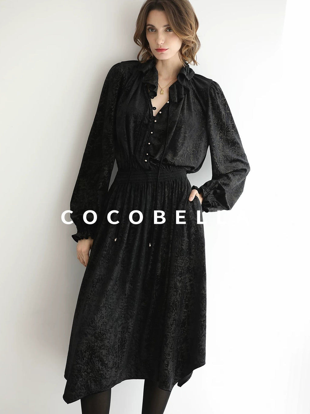 COCOBELLA Soft Metallic Ruched Vintage V Neck Tie Lace Pocket Elastic Waist City Dresses