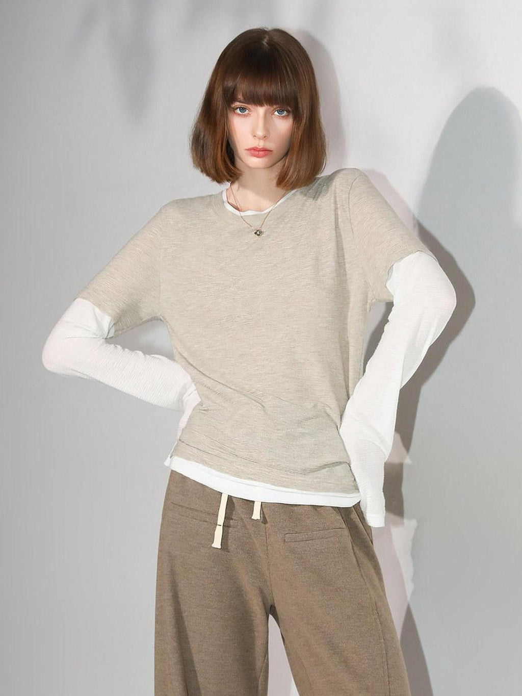 COCOBELLA Soft Pleated Patchwork Knit Long Sleeve Straight Cut Office Pullover Women Shirts