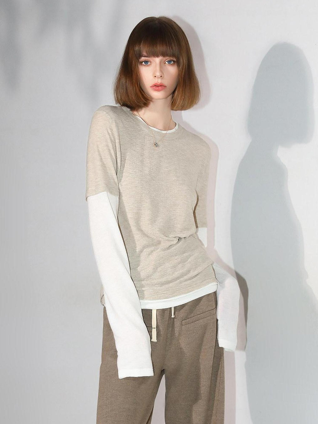 COCOBELLA Soft Pleated Patchwork Knit Long Sleeve Straight Cut Office Pullover Women Shirts