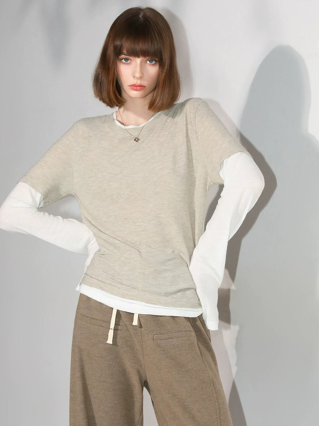 COCOBELLA Soft Pleated Patchwork Knit Long Sleeve Straight Cut Office Pullover Women Shirts