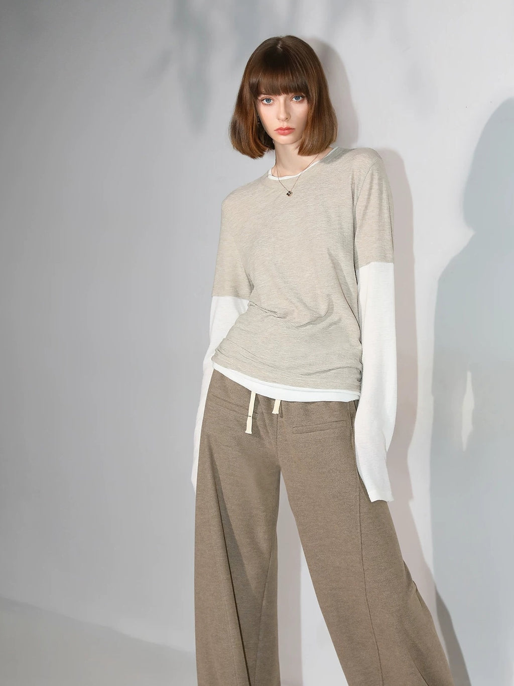 COCOBELLA Soft Pleated Patchwork Knit Long Sleeve Straight Cut Office Pullover Women Shirts