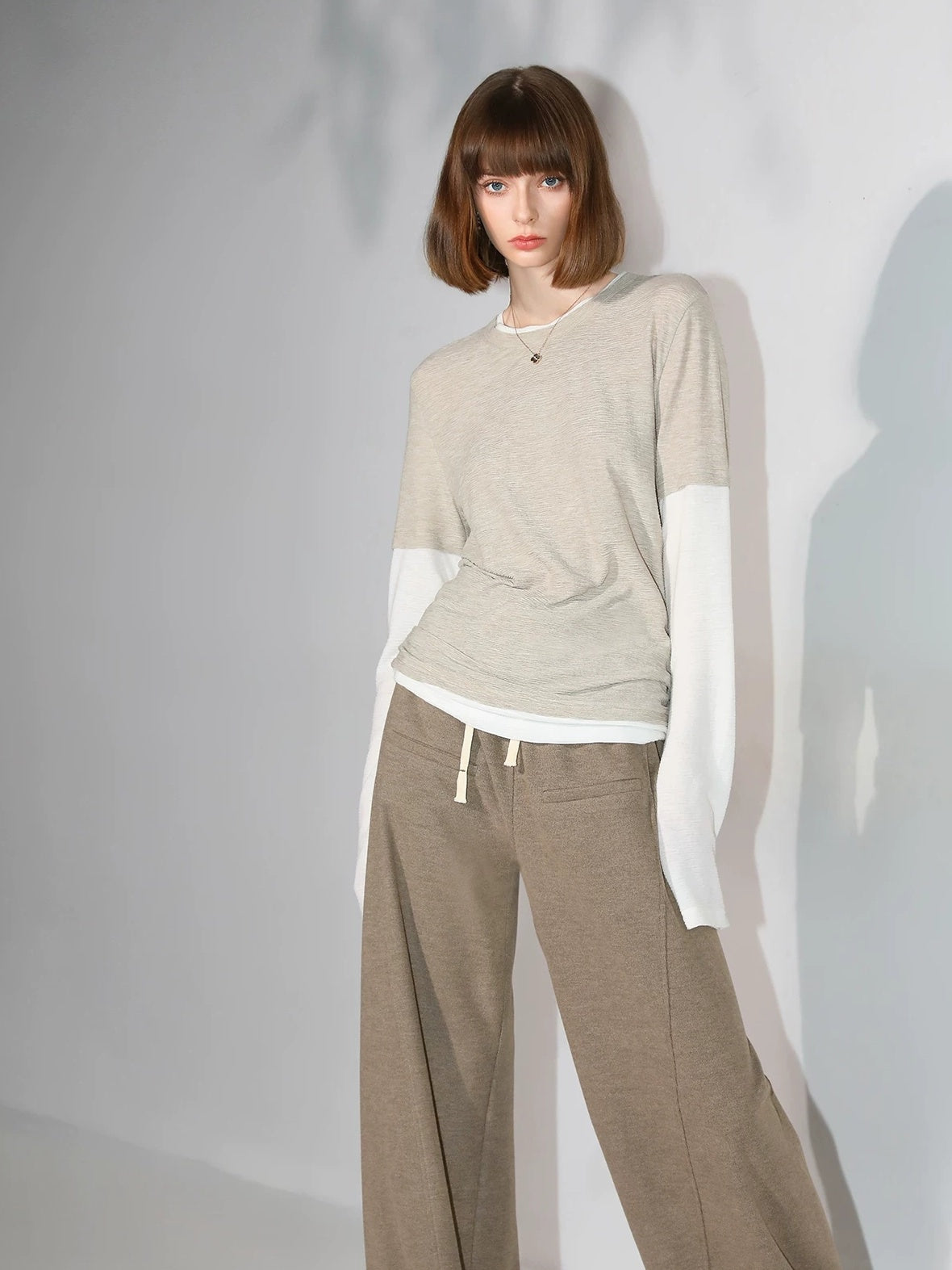 COCOBELLA Soft Pleated Patchwork Knit Long Sleeve Straight Cut Office Pullover Women Shirts