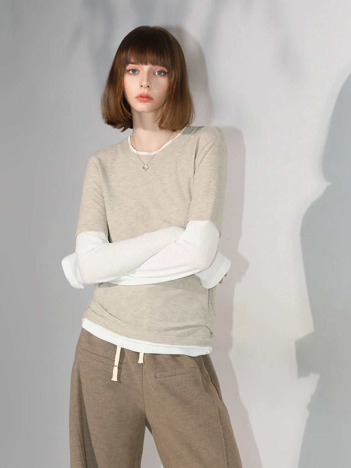 COCOBELLA Soft Pleated Patchwork Knit Long Sleeve Straight Cut Office Pullover Women Shirts