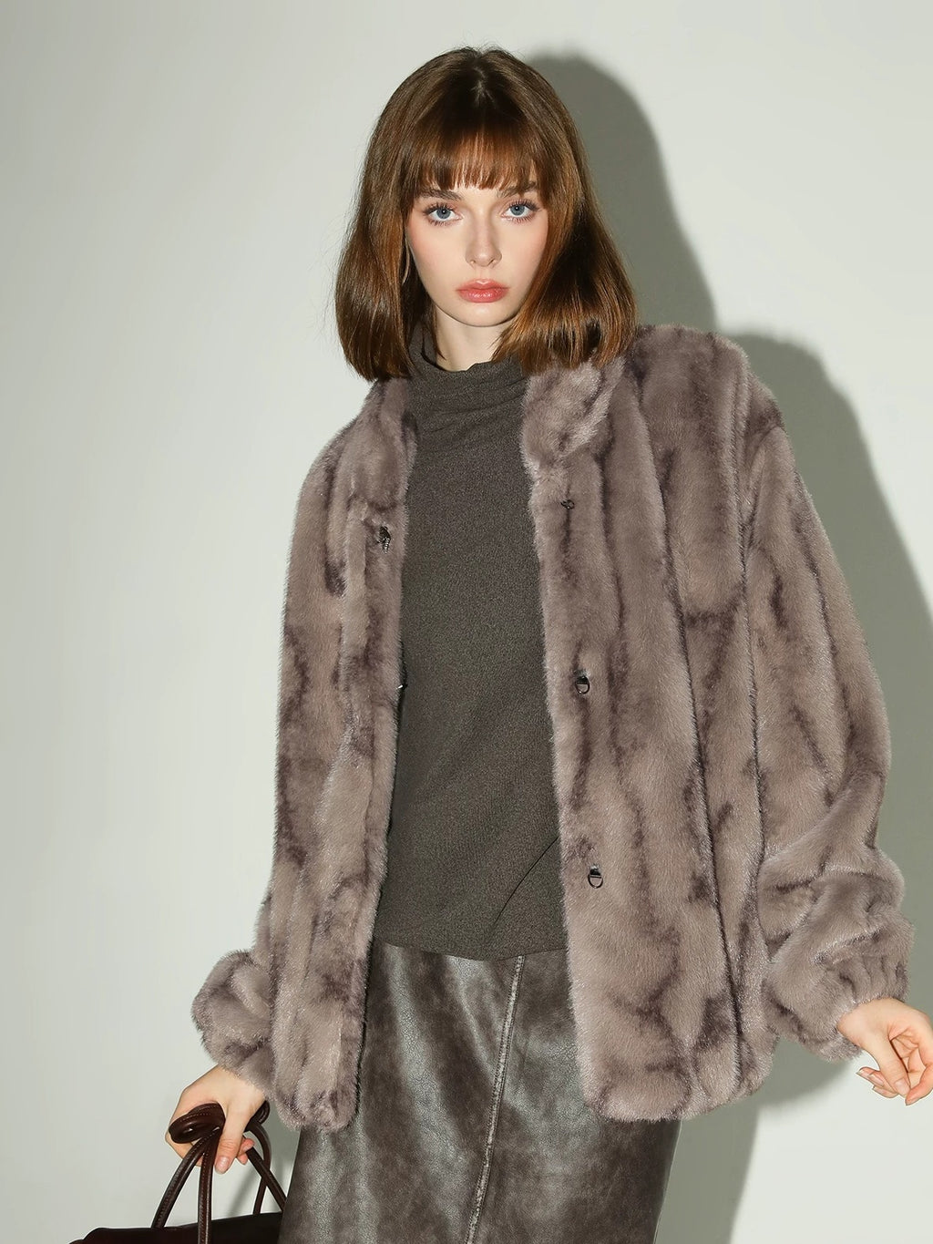 COCOBELLA Soft Plush Faux Fur Stand Collar Minimalist Commuter Women Outerwear Jackets