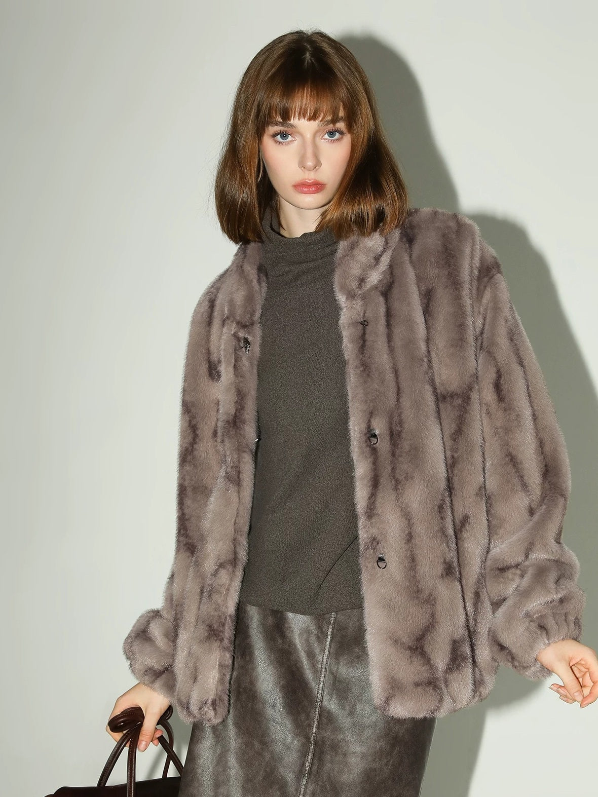 COCOBELLA Soft Plush Faux Fur Stand Collar Minimalist Commuter Women Outerwear Jackets