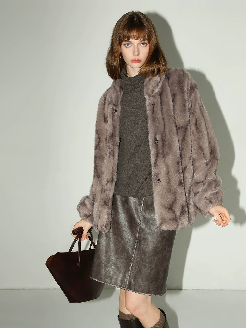 COCOBELLA Soft Plush Faux Fur Stand Collar Minimalist Commuter Women Outerwear Jackets