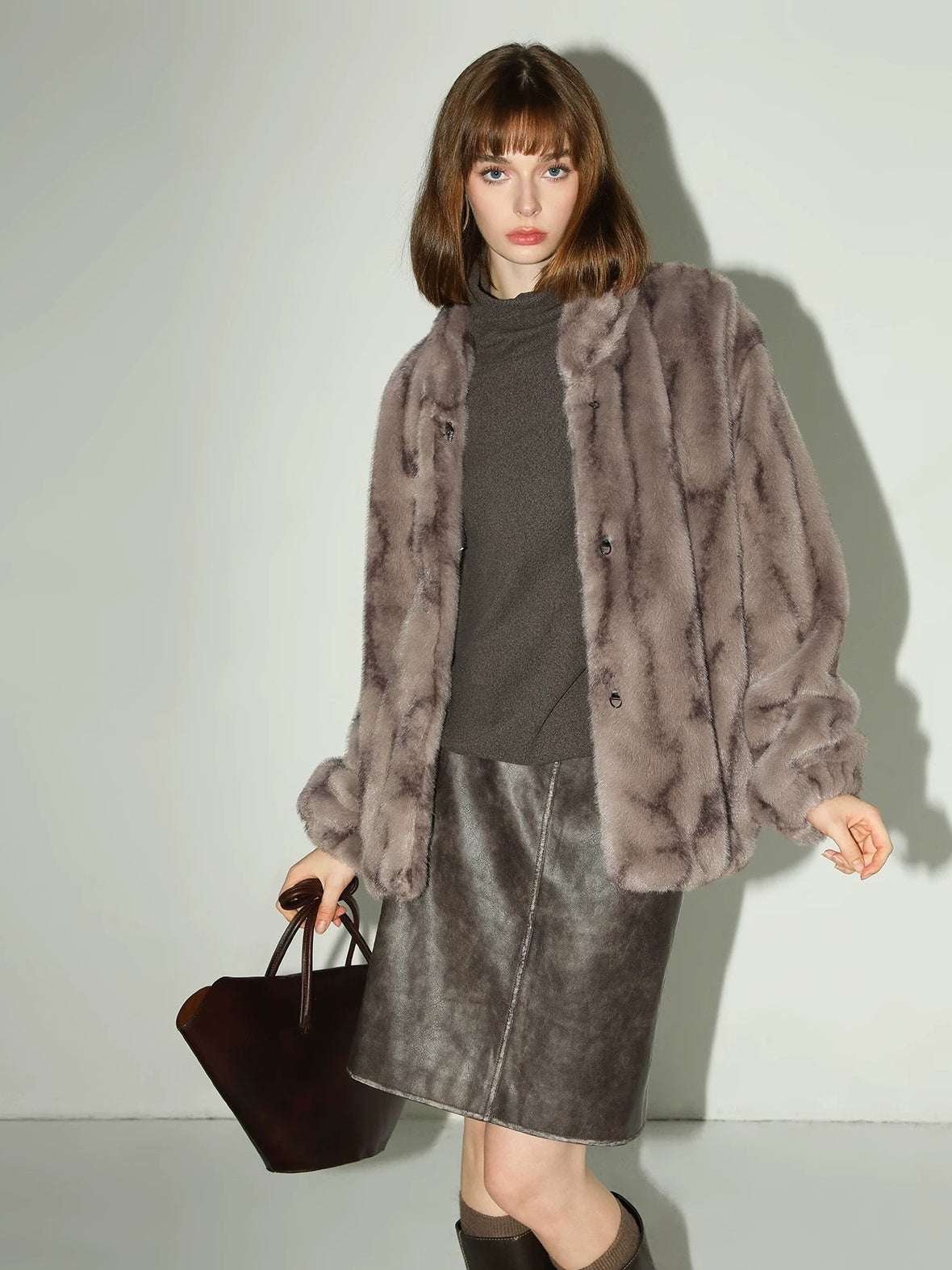 COCOBELLA Soft Plush Faux Fur Stand Collar Minimalist Commuter Women Outerwear Jackets